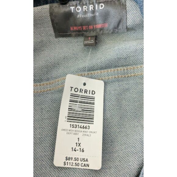NWT Torrid Premium Knit Denim Medium Wash Collared Jean Jacket Size 1X 14-16 - Picture 7 of 9